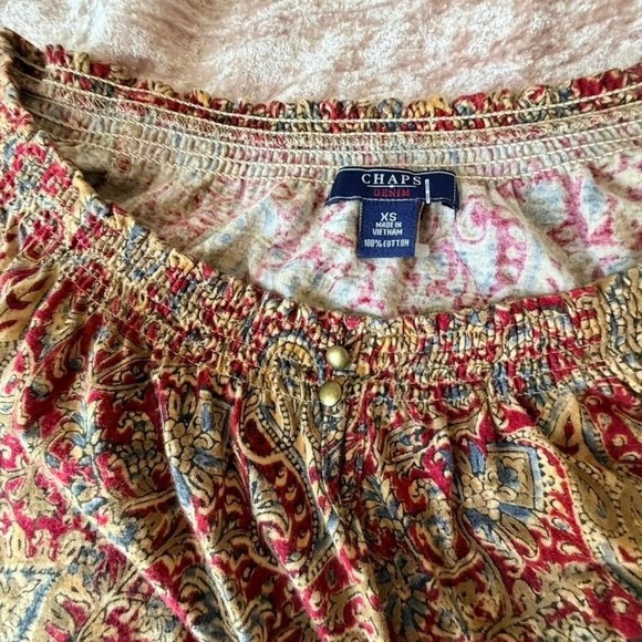 Chaps Denim Womens Paisley Print Off Shoulder Smocked Cropped Blouse Top XS - Picture 2 of 6